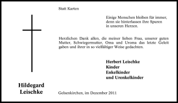 Traueranzeige von Hildegard Leischke von Tageszeitung