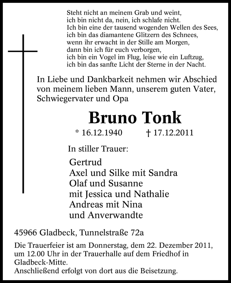  Traueranzeige für Bruno Tonk vom 20.12.2011 aus Tageszeitung