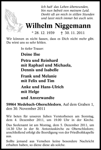 Traueranzeige von Wilhelm Niggemann von Tageszeitung