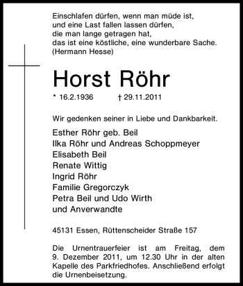 Traueranzeige von Horst Röhr von Tageszeitung