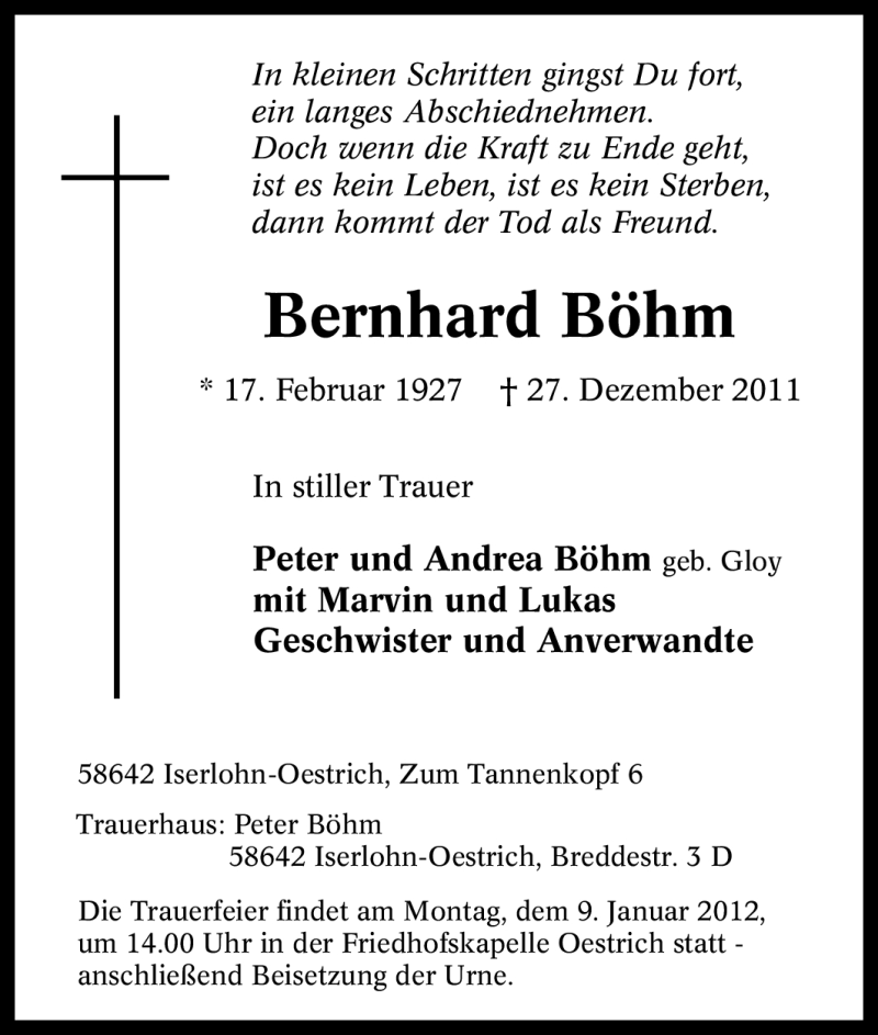  Traueranzeige für Bernhard Böhm vom 31.12.2011 aus Tageszeitung
