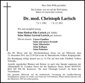 Traueranzeige von Christoph Larisch von WESTDEUTSCHE ALLGEMEINE ZEITUNG