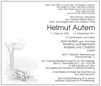 Traueranzeige von Helmut Autem von Tageszeitung