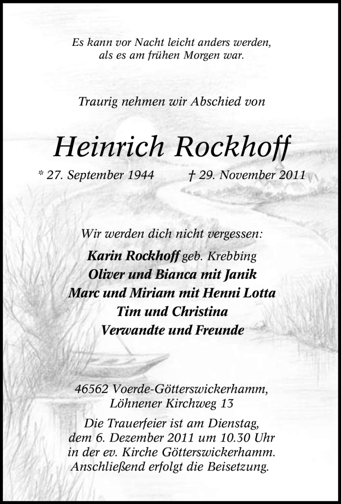  Traueranzeige für Heinrich Rockhoff vom 02.12.2011 aus Tageszeitung