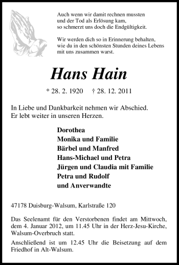 Traueranzeige von Hans Hain von Tageszeitung