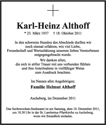 Traueranzeige von Karl-Heinz Althoff von Tageszeitung