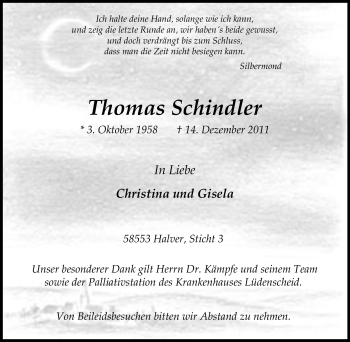 Traueranzeige von Thomas Schindler von Tageszeitung