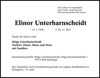 Traueranzeige von Elinor Unterharnscheidt von Tageszeitung