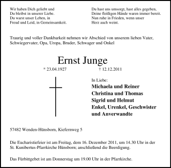 Traueranzeige von Ernst Junge von Tageszeitung
