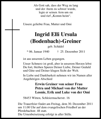 Traueranzeige von Ingrid Elli Ursula Greiner von Tageszeitung