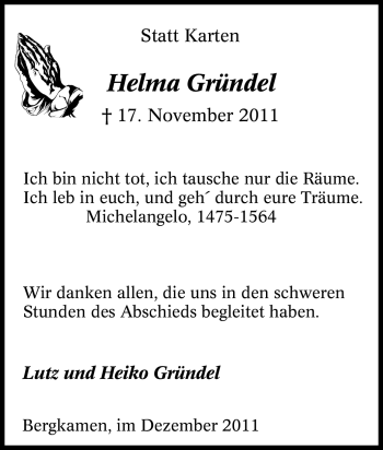 Traueranzeige von Helma Gründel von Tageszeitung