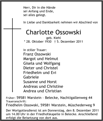 Traueranzeige von Charlotte Ossowski von Tageszeitung
