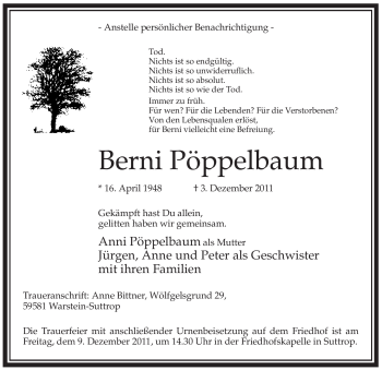 Traueranzeige von Berni Pöppelbaum von Tageszeitung