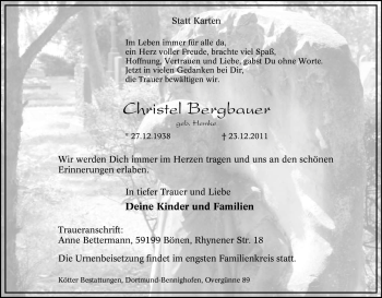 Traueranzeige von Christel Bergbauer von Tageszeitung