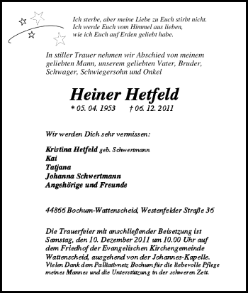 Traueranzeige von Heiner Hetfeld von Tageszeitung