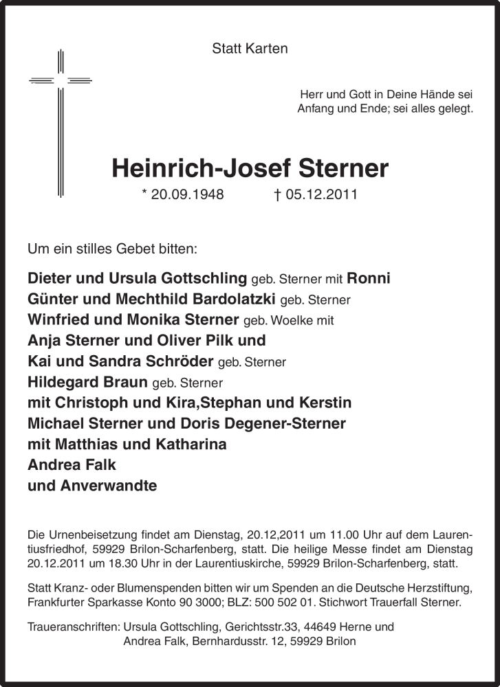  Traueranzeige für Heinrich-Josef Sterner vom 17.12.2011 aus Tageszeitung