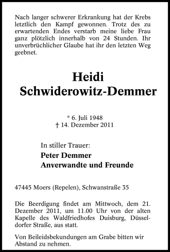 Traueranzeige von Heidi Schwiderowitz-Demmer von Tageszeitung
