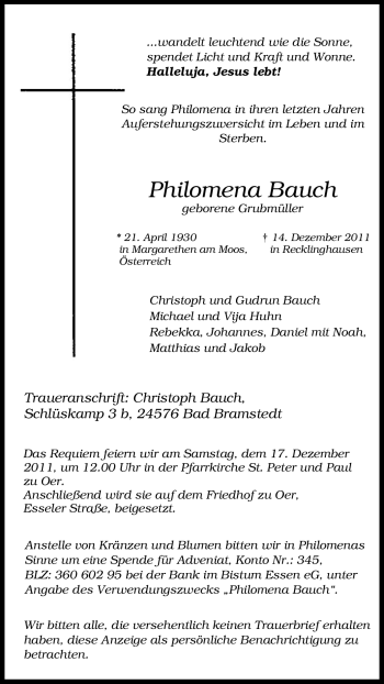Traueranzeige von Philomena Bauch von Tageszeitung