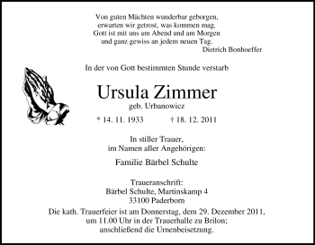 Traueranzeige von Ursula Zimmer von Tageszeitung