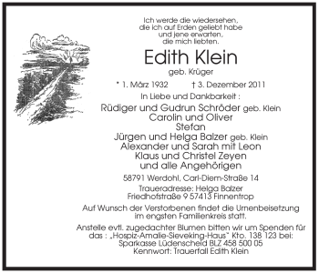 Traueranzeige von Edith Klein von Tageszeitung