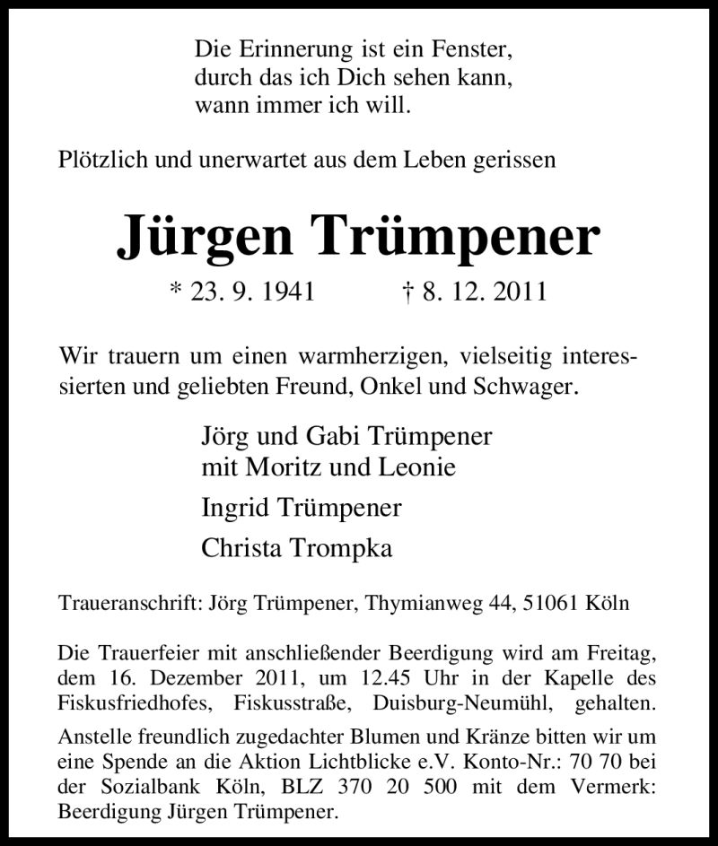  Traueranzeige für Jürgen Trümpener vom 13.12.2011 aus Tageszeitung
