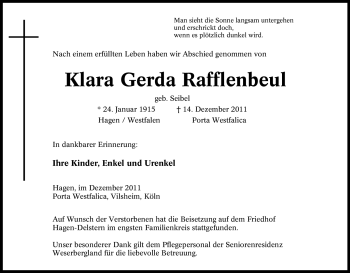 Traueranzeige von Klara Gerda Rafflenbeul von Tageszeitung