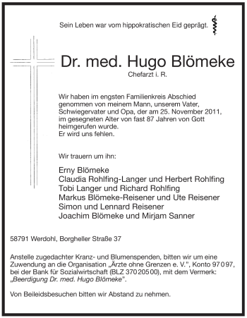 Traueranzeige von Hugo Blömeke von Tageszeitung