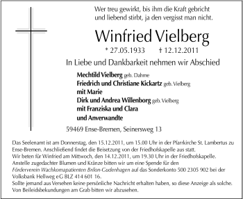 Traueranzeige von Winfried Vielberg von Tageszeitung