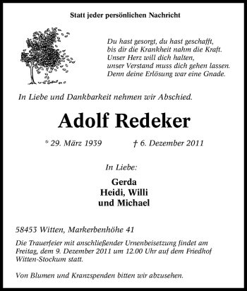 Traueranzeige von Adolf Redeker von Tageszeitung
