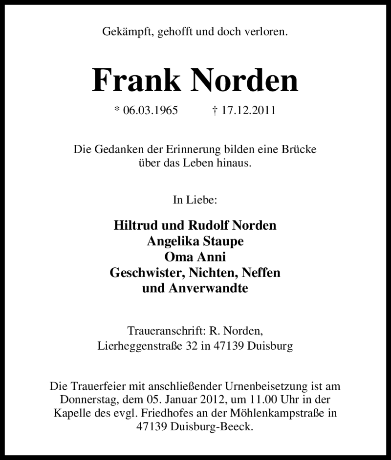  Traueranzeige für Frank Norden vom 31.12.2011 aus Tageszeitung