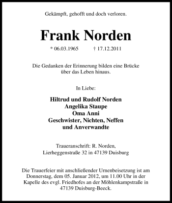 Traueranzeige von Frank Norden von Tageszeitung