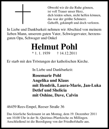 Traueranzeige von Helmut Pohl von Tageszeitung