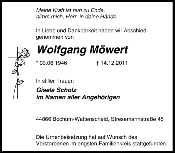 Traueranzeige von Wolfgang Möwert von Tageszeitung