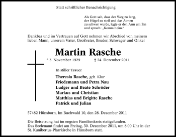 Traueranzeige von Martin Rasche von Tageszeitung