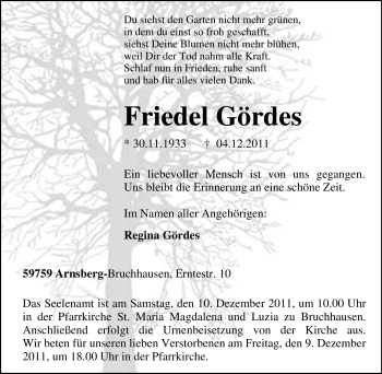 Traueranzeige von Friedel Gördes von Tageszeitung