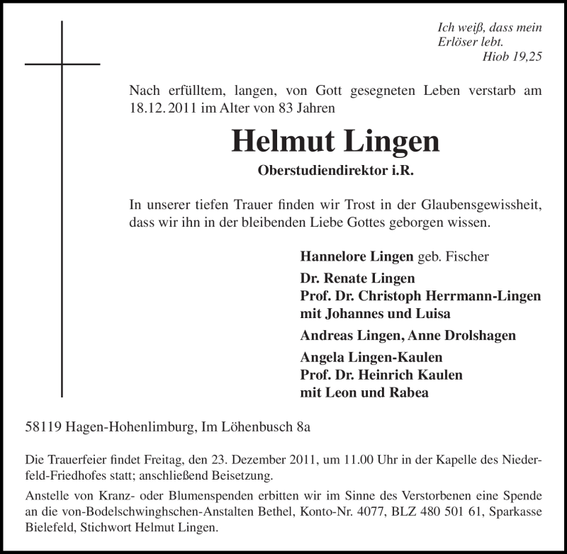  Traueranzeige für Helmut Lingen vom 20.12.2011 aus Tageszeitung