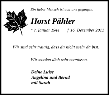 Traueranzeige von Horst Pähler von Tageszeitung