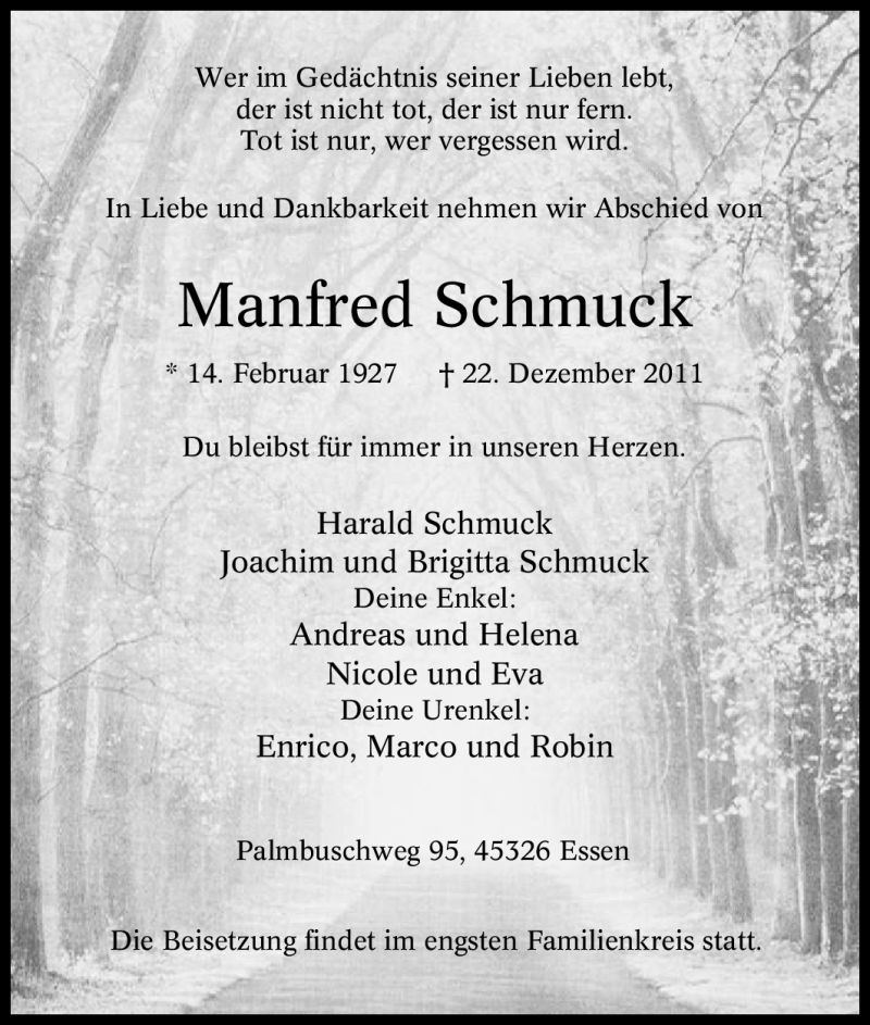  Traueranzeige für Manfred Schmuck vom 28.12.2011 aus Tageszeitung