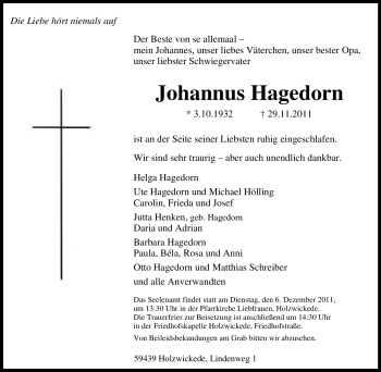 Traueranzeige von Johannus Hagedorn von Tageszeitung
