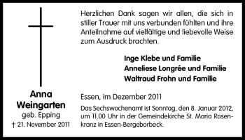 Traueranzeige von Anna Weingarten von Tageszeitung