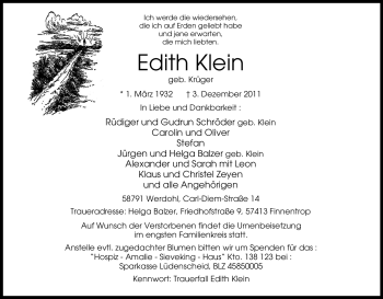 Traueranzeige von Edith Klein von Tageszeitung