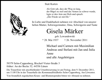 Traueranzeige von Gisela Märker von Tageszeitung