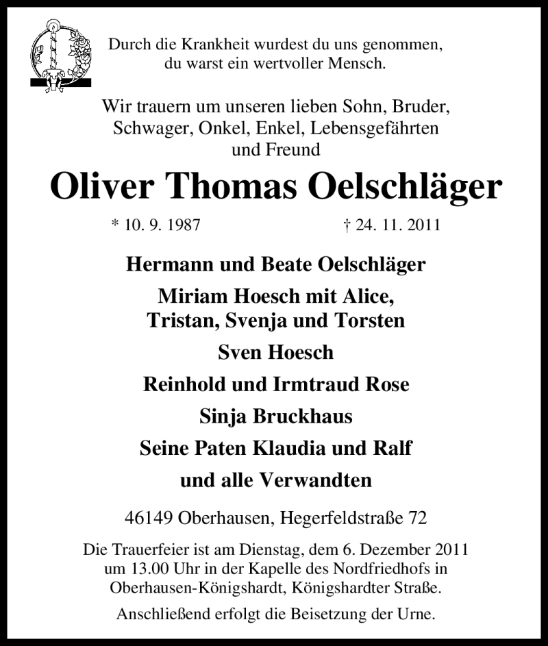  Traueranzeige für Oliver Thomas Oelschläger vom 02.12.2011 aus Tageszeitung