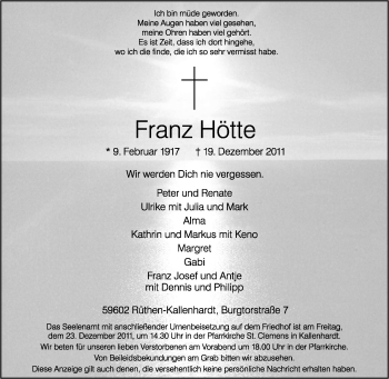 Traueranzeige von Franz Hötte von Tageszeitung