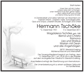 Traueranzeige von Hermann Tschöke von Tageszeitung