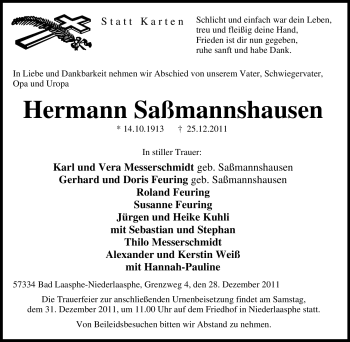 Traueranzeige von Hermann Saßmannshausen von Tageszeitung