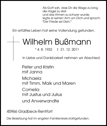 Traueranzeige von Wilhelm Bußmann von Tageszeitung