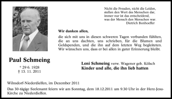 Traueranzeige von Paul Schmeing von Tageszeitung