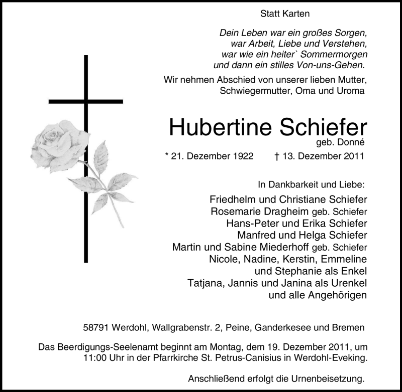  Traueranzeige für Hubertine Schiefer vom 15.12.2011 aus Tageszeitung