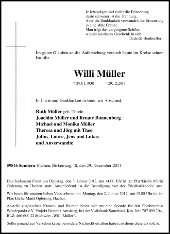 Traueranzeige von Willi Müller von Tageszeitung